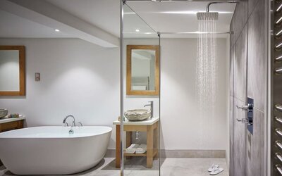Guest bathroom with shower and tub at Barnett Hill Hotel.
