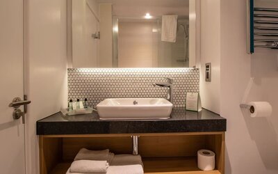 Guest bathroom with shower and free toiletries at Holiday Inn Leicester-Wigston.