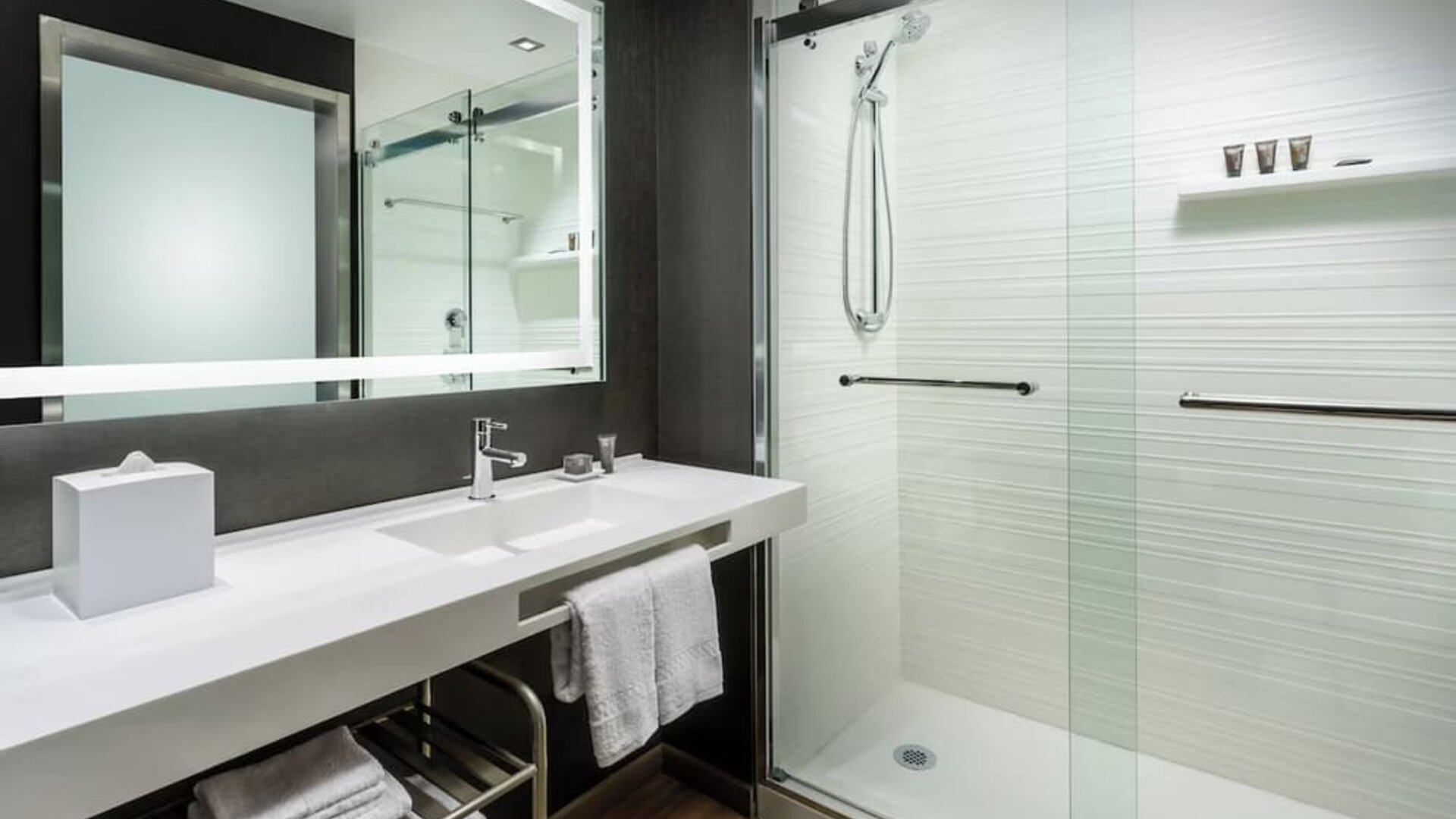 Guest bathroom with shower at AC Hotel By Marriott SFO/Oyster Point Waterfront.