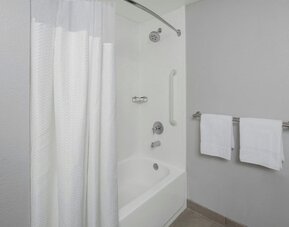 Guest bathroom with shower and tub at Courtyard By Marriott Tampa Oldsmar.