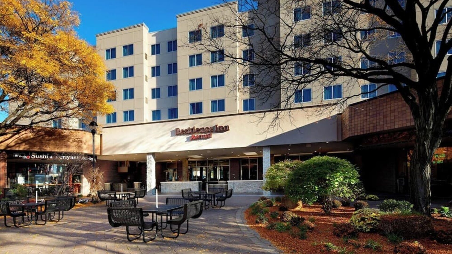 Patio outside building at Residence Inn Secaucus.