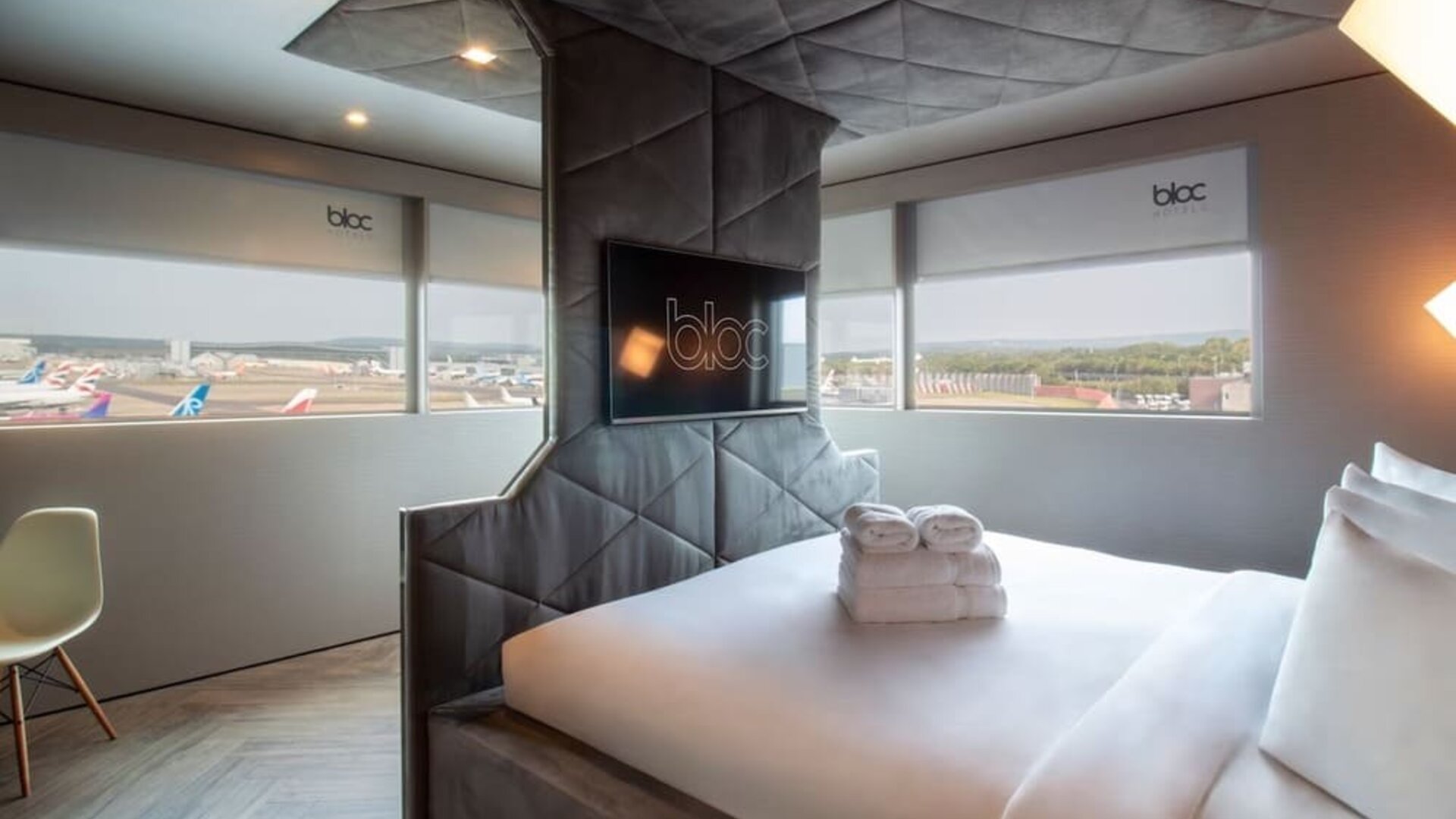 Day use suite with airport view at BLOC Gatwick Hotel.