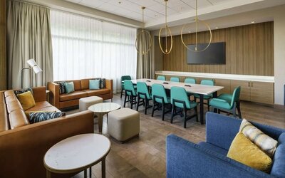 Lobby and coworking lounge at Hilton Garden Inn Sunnyvale.