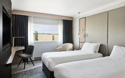 Day use twin room with work desk at Hyatt Place London Heathrow Airport.