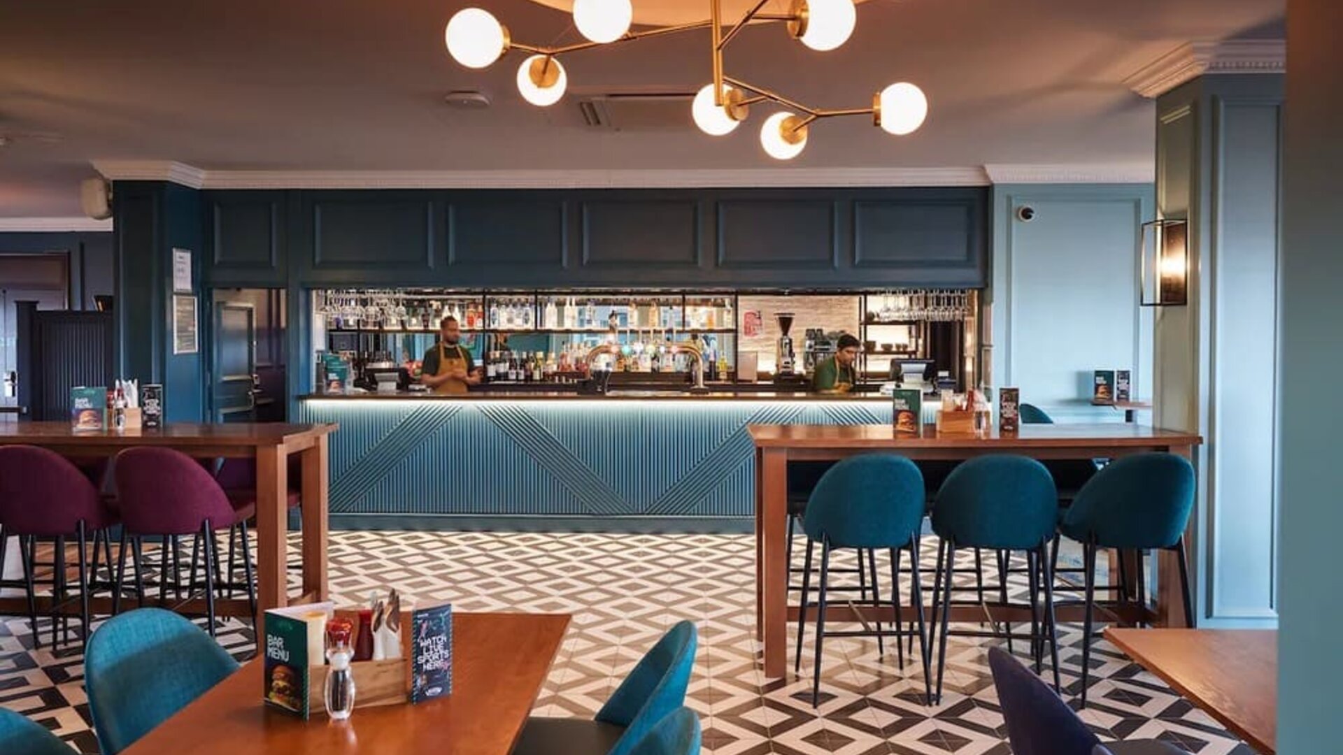 Hotel bar and dining area at Thistle London Heathrow Terminal 5 Hotel.
