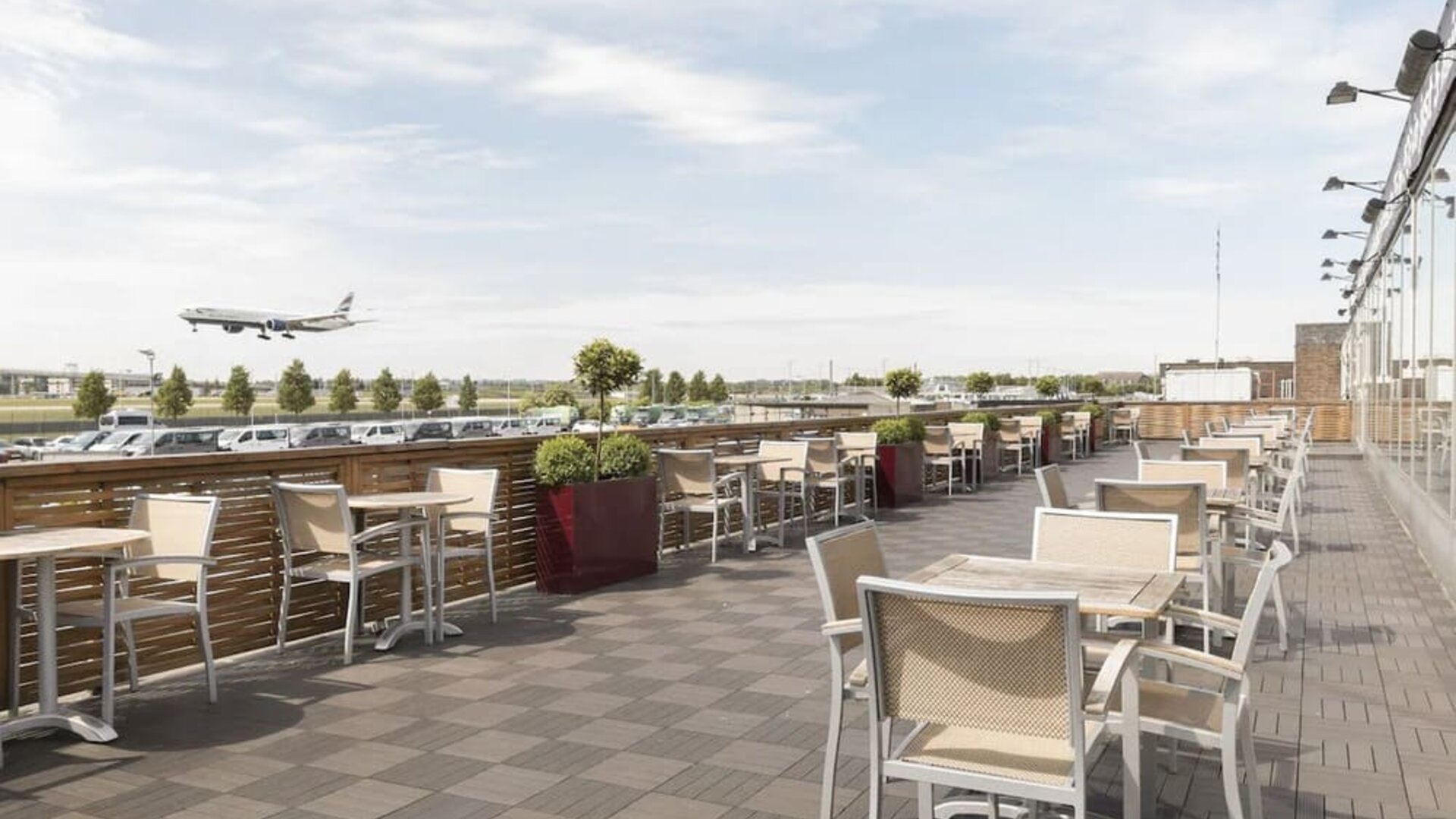 Hotel terrace at Thistle London Heathrow Terminal 5 Hotel.
