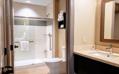 Guest bathroom with shower at Staybridge Suites Baltimore - Inner Harbor.
