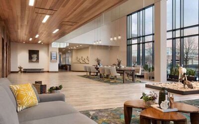 Lobby and coworking lounge at Embassy Suites Boulder.
