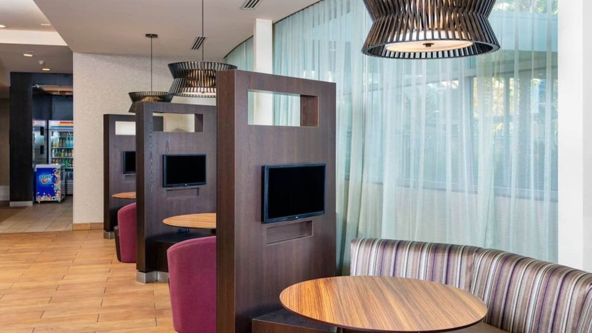 Media pods perfect for coworking at Courtyard By Marriott Santa Ana Orange County.