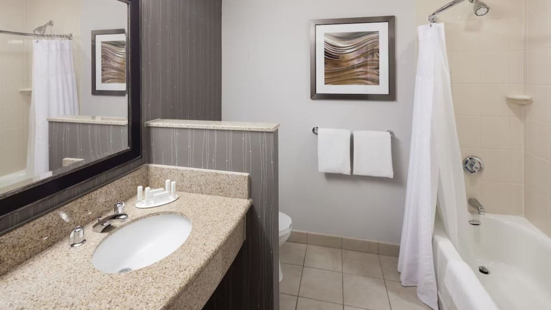 Guest bathroom with shower and tub at Courtyard By Marriott Santa Clarita Valencia.
