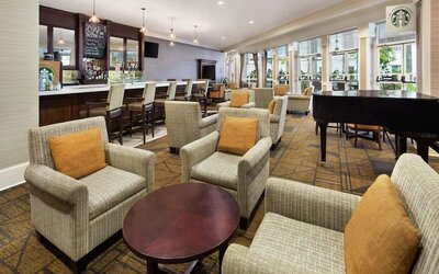 Lobby and coworking lounge at DoubleTree Raleigh Durham Airport At Research Triangle Park.