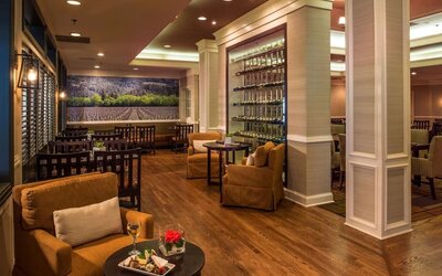Dining area perfect for coworking at DoubleTree Raleigh Durham Airport At Research Triangle Park.