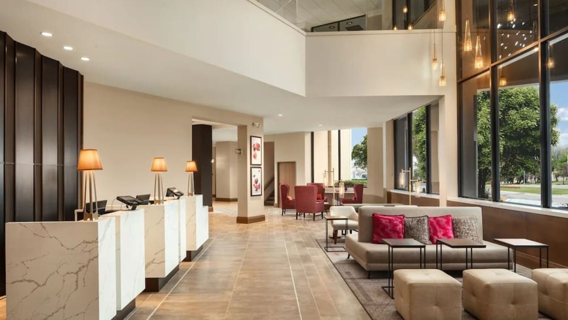 Lobby and coworking lounge at Crowne Plaza Dallas Market Center.