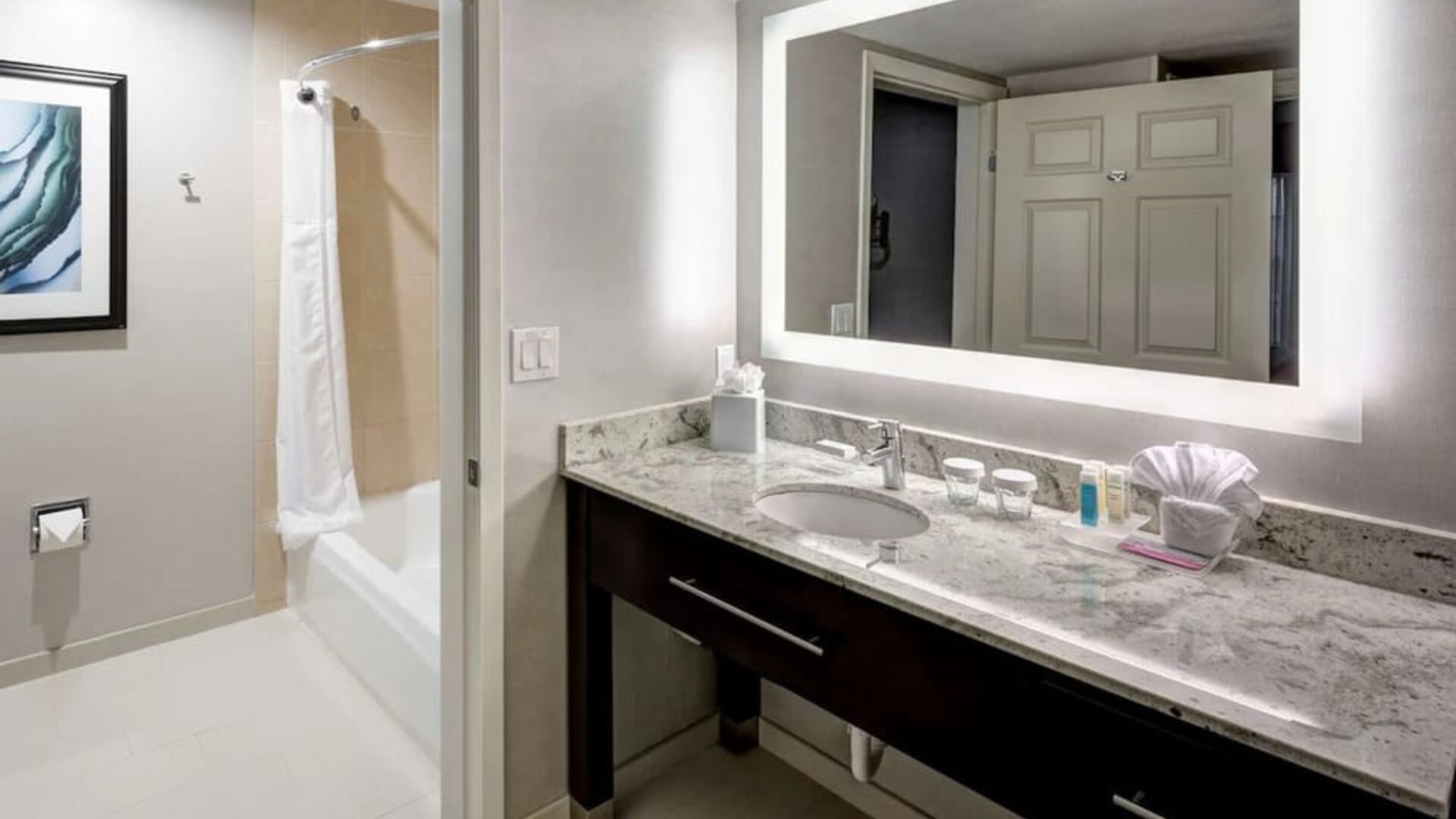 Guest bathroom with shower and tub at Homewood Suites By Hilton San Jose Airport-Silicon Valley.