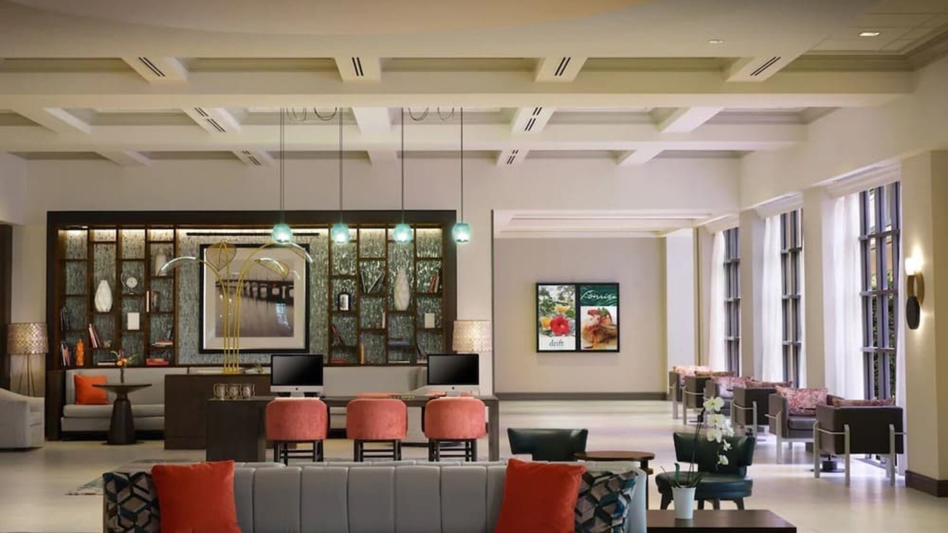 Lobby and coworking lounge at Marriott Boca Raton.