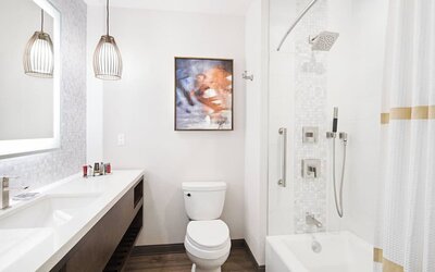Guest bathroom with shower and tub at Marriott Del Mar.