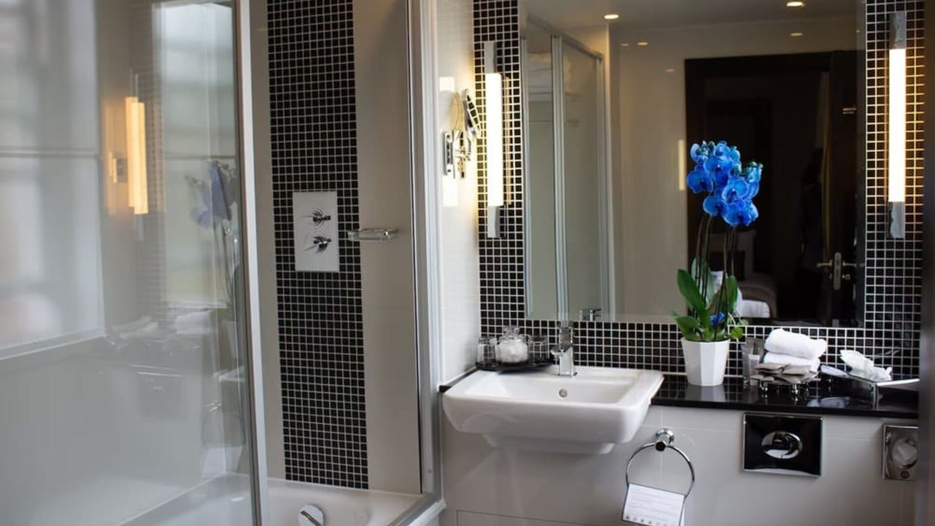 Guest bathroom with combined shower and tub at The Wellington by Blue Orchid Hotel (FKA The Rochester).