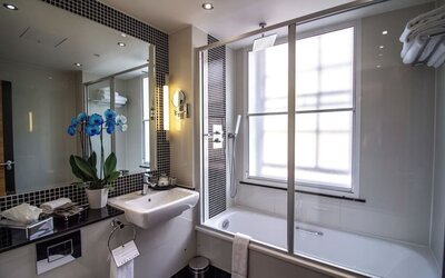 Private guest bathroom with free toiletries at The Wellington by Blue Orchid Hotel (FKA The Rochester).