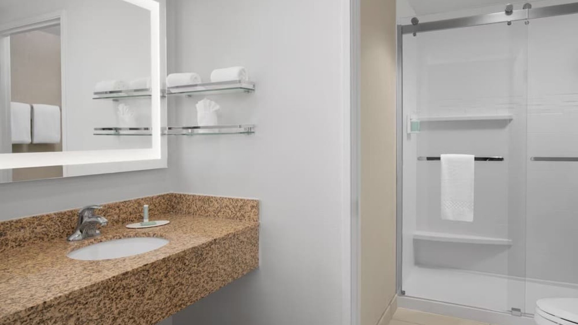 Guest bathroom with shower at Residence Inn Santa Clarita.