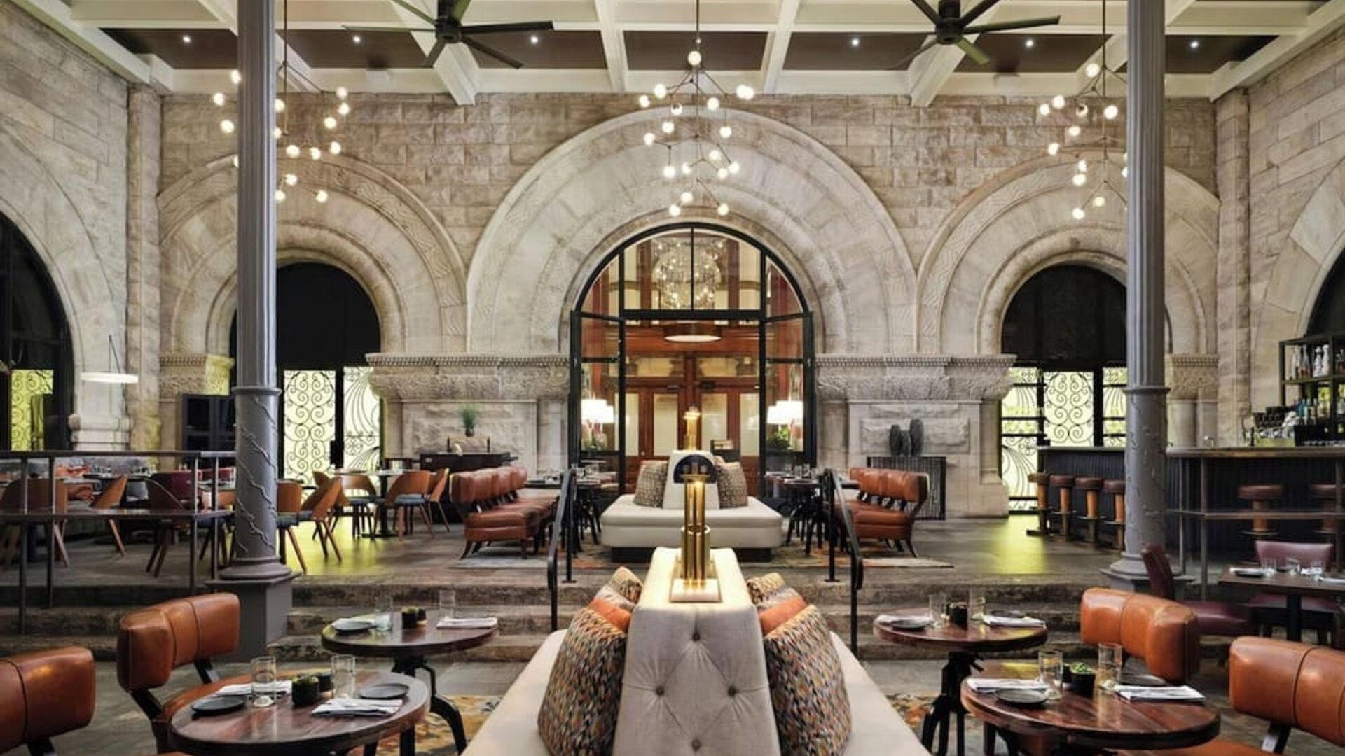 Dining area perfect for coworking at Union Station Hotel Nashville.