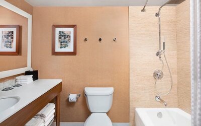 Guest bathroom with shower and tub at The Westin Crystal City Reagan National Airport.