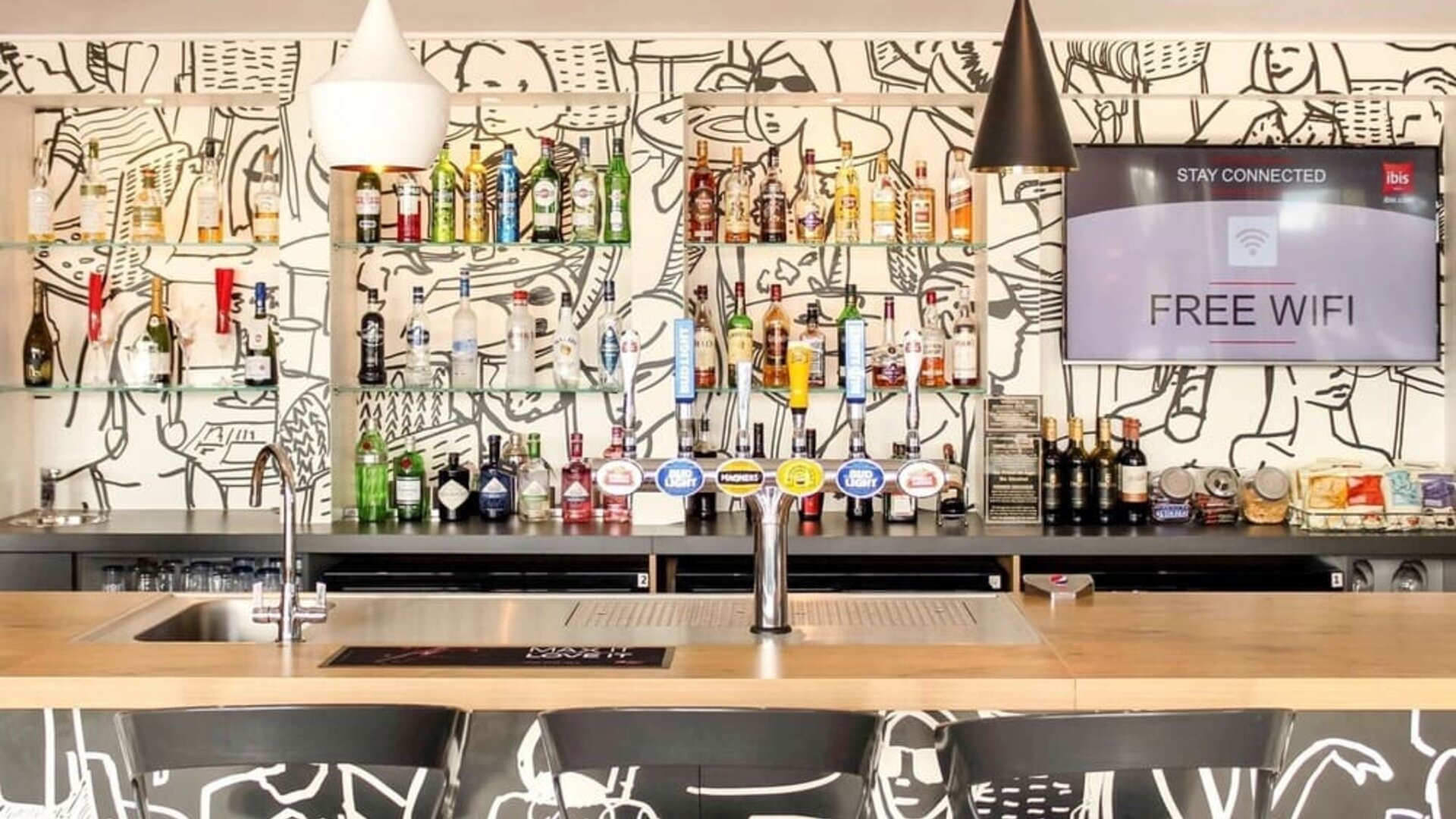 Hotel bar at Ibis Birmingham Bordesley.