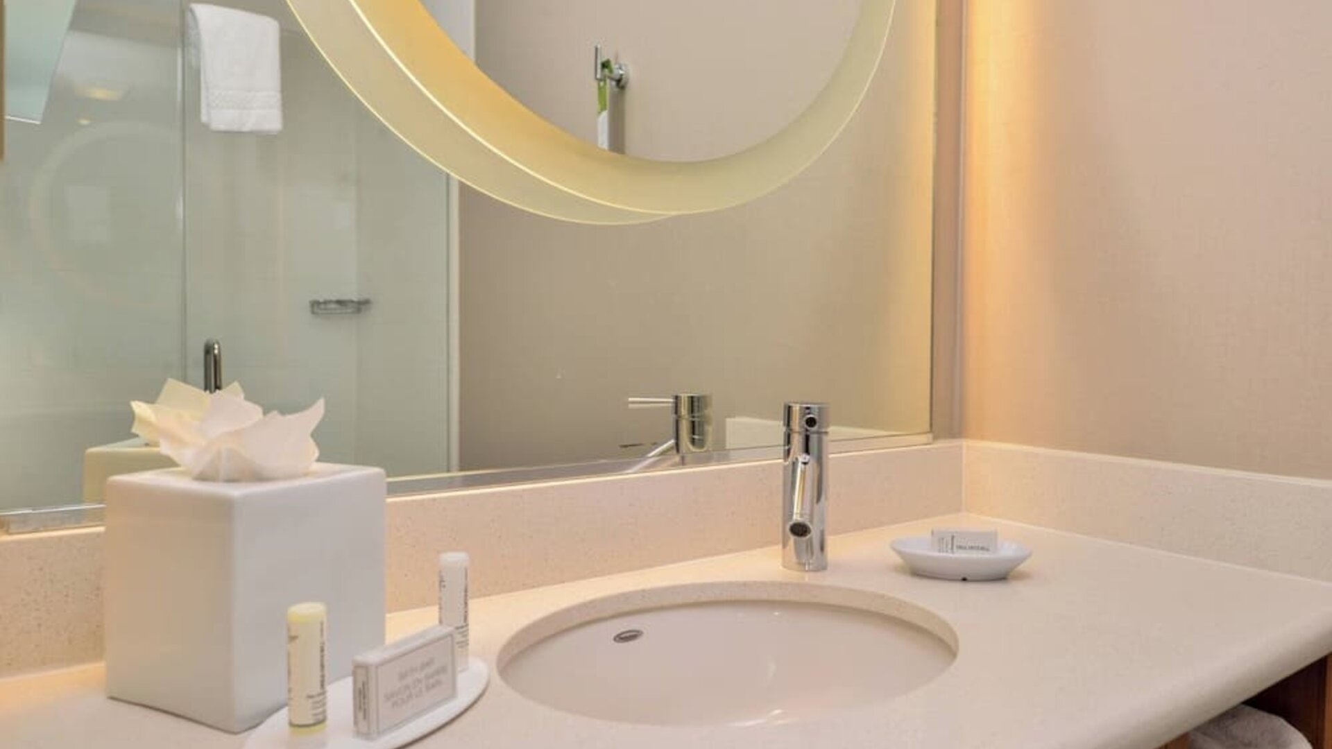 Guest bathroom with shower at SpringHill Suites By Marriott Irvine John Wayne Airport/Orange County.