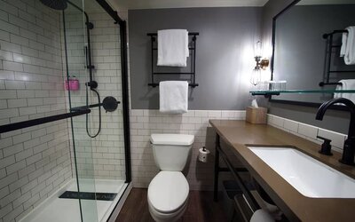 Guest bathroom with shower at Moxy Phoenix Tempe/ASU Area.