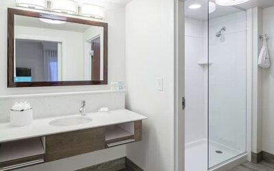 Guest bathroom with shower at Hampton Inn & Suites Atlanta Perimeter Dunwoody.