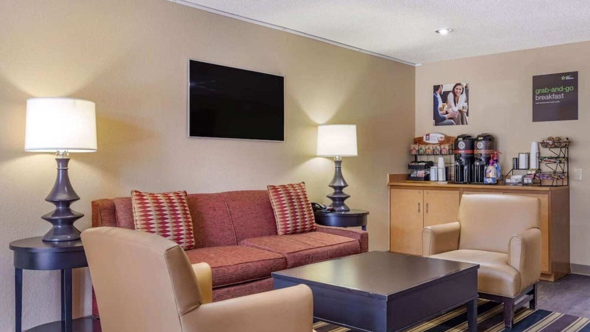 Coworking lounge at Extended Stay America.