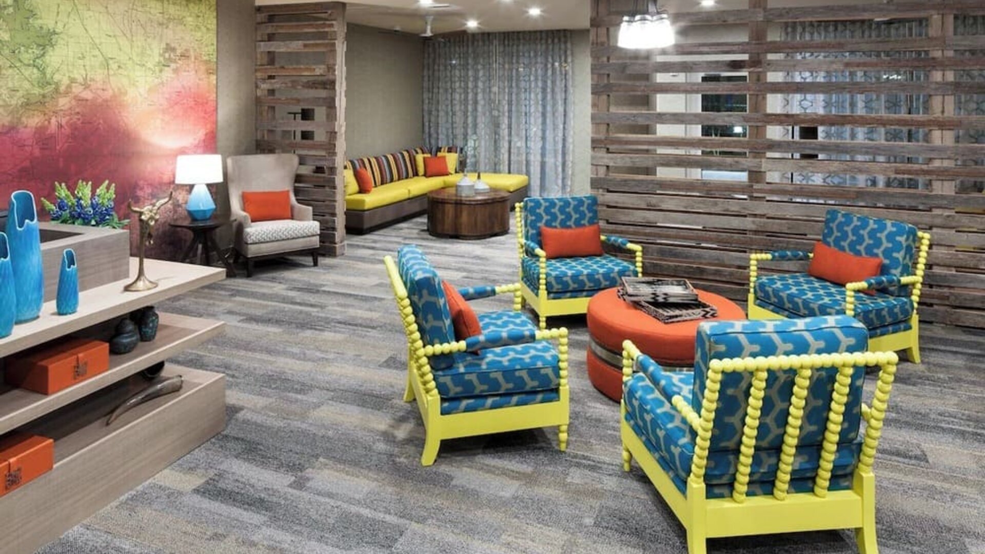 Lobby and coworking lounge at Courtyard By Marriott Fort Worth Historic Stockyards.