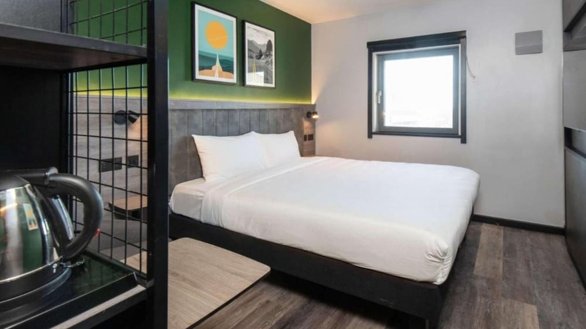 Day use room with king bed at Ibis London Gatwick Airport Hotel.