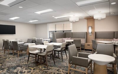 Lobby and coworking lounge at Residence Inn Kansas City Overland Park.