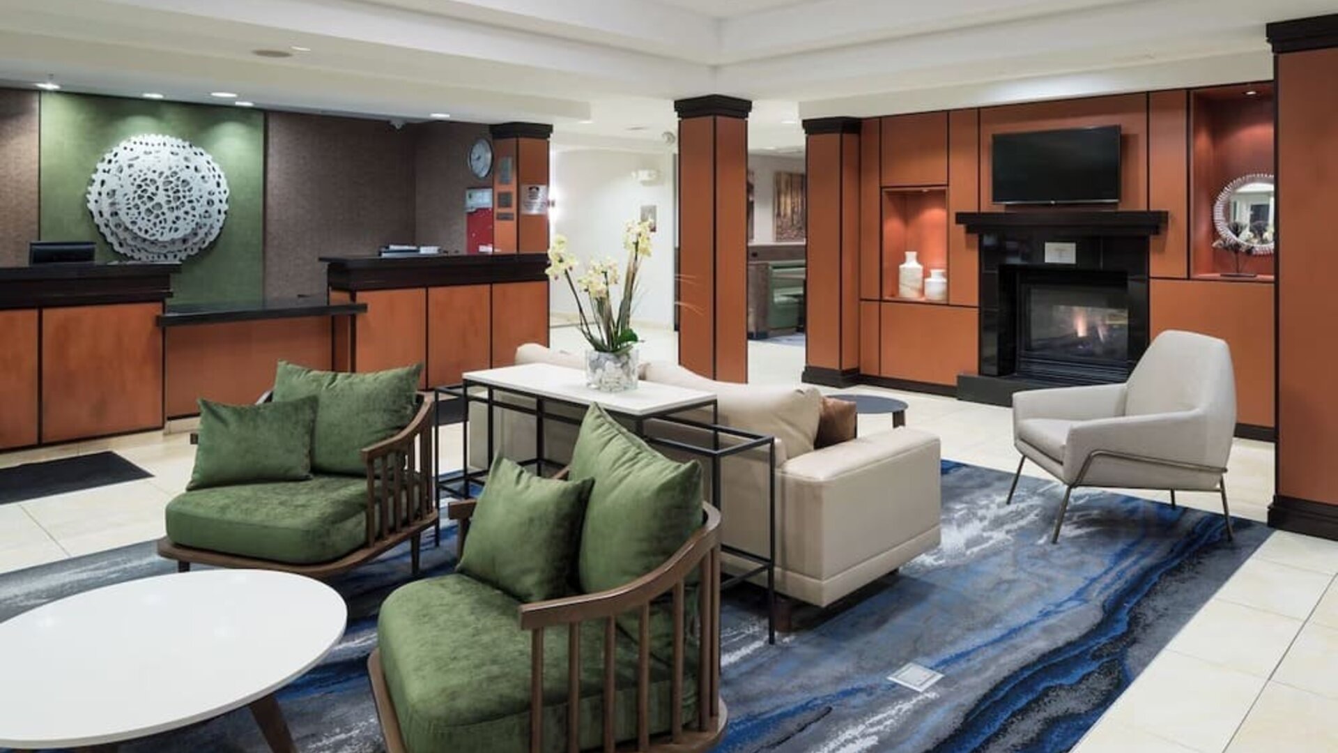 Lobby and coworking lounge at Fairfield Inn & Suites Kansas City Overland Park.