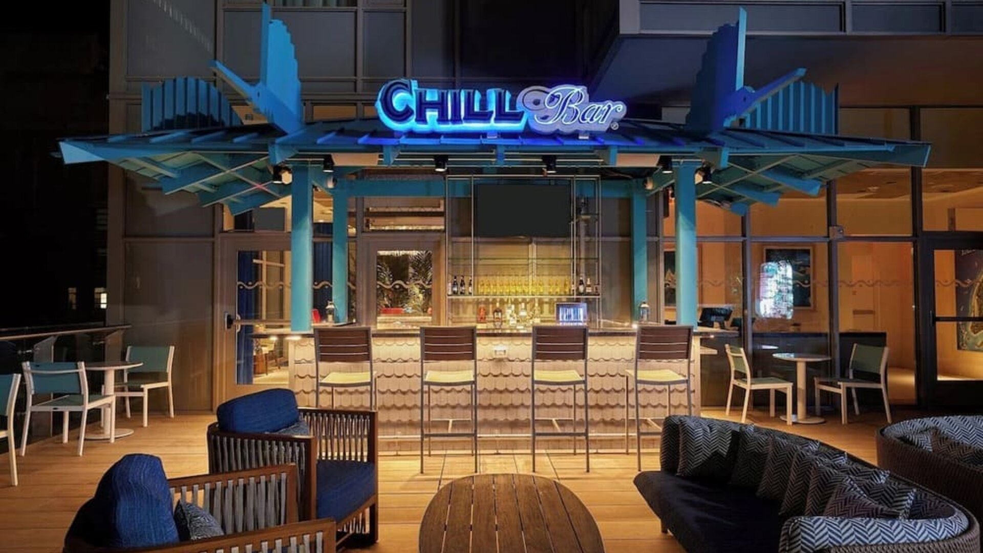 Hotel bar at night at Margaritaville Resort Times Square.