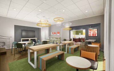 Lounge and coworking space at Spark By Hilton Houston Hobby Airport.