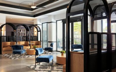 Lobby and coworking lounge at Renaissance Boca Raton Hotel.
