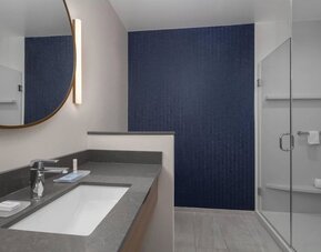 Guest bathroom with shower at Fairfield Inn & Suites By Marriott Kenosha Pleasant Prairie.