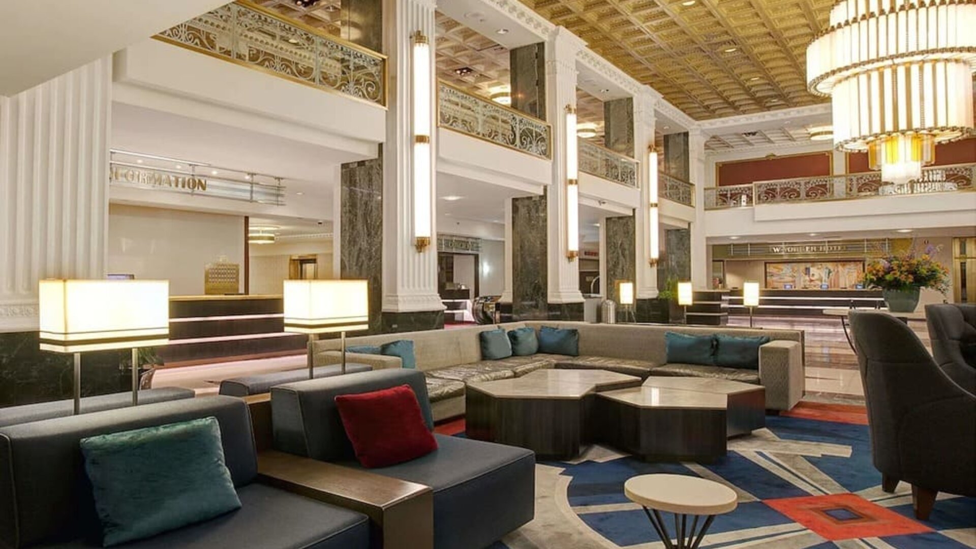 Lobby and coworking lounge at The New Yorker Hotel, A Wyndham Hotel.