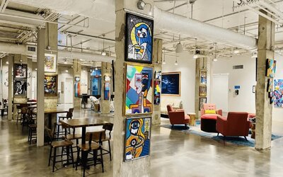 Lobby and coworking lounge at Plunge Beach Resort.