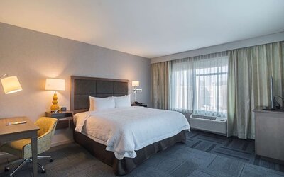 King bed with work desk at Hampton Inn Chicago North/Loyola Station.