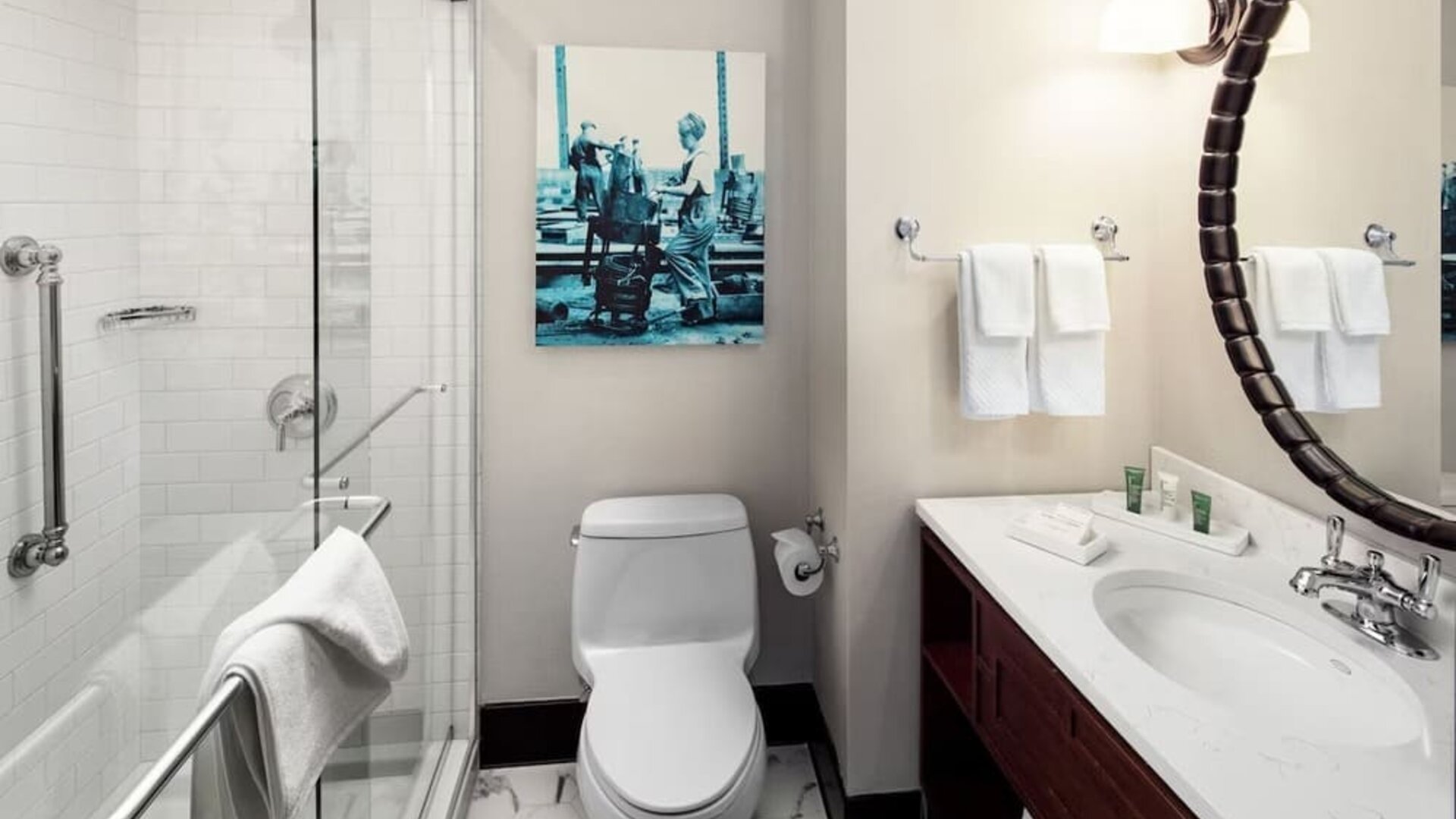 Guest bathroom with shower at Hilton Brooklyn New York.