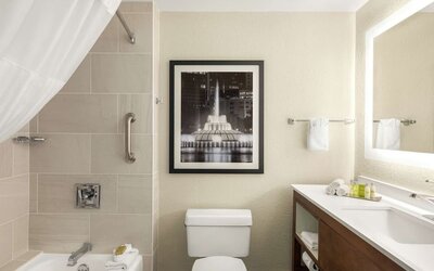 Guest bathroom with shower and tub at DoubleTree By Hilton Orlando Downtown.
