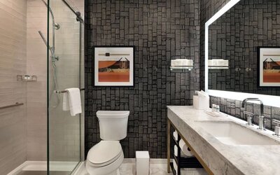 Guest bathroom with shower at The Slate Denver, Tapestry Collection By Hilton.