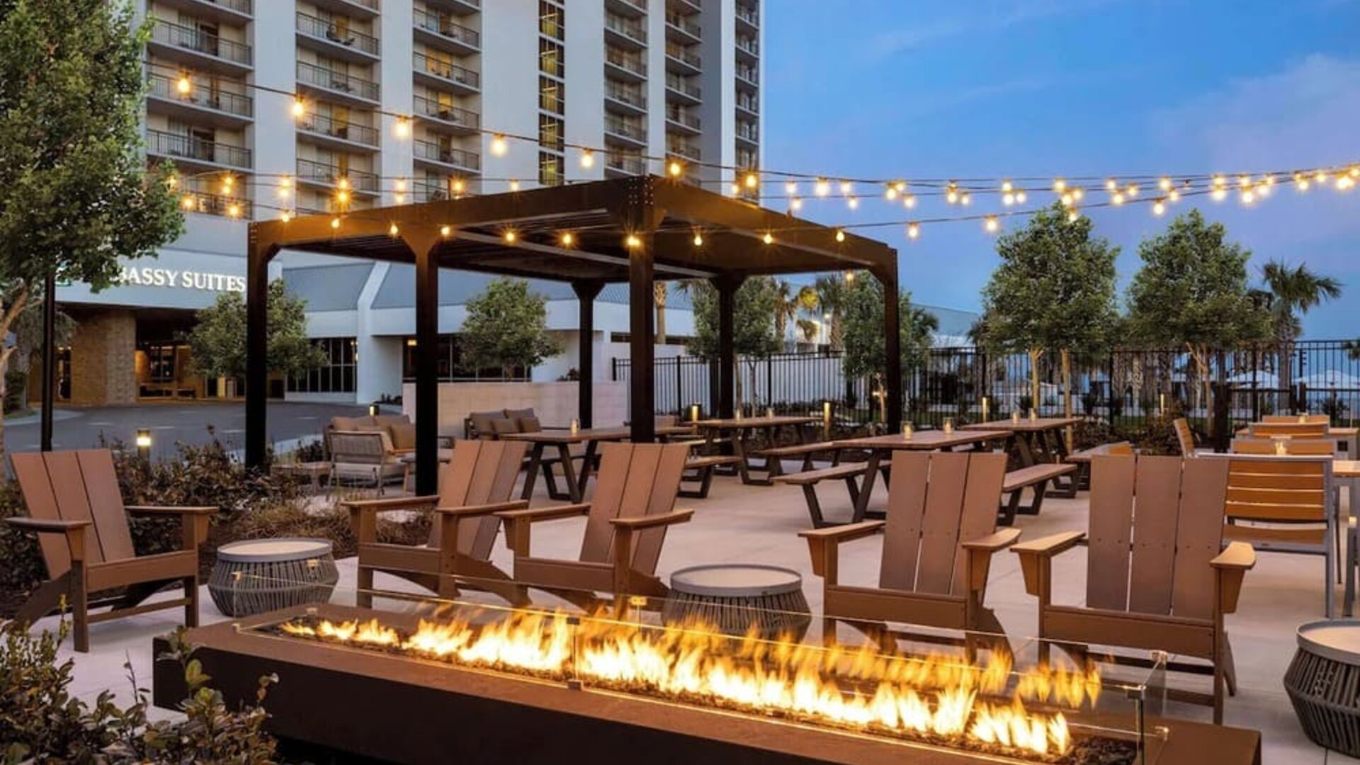 Firepit in courtyard of Embassy Suites By Hilton Myrtle Beach Oceanfront Resort.