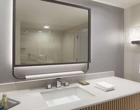 Guest bathroom with shower at Hilton Anatole.