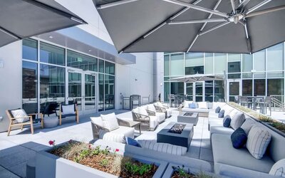 Plenty of seats in courtyard of the Hilton Garden Inn Denver Union Station.