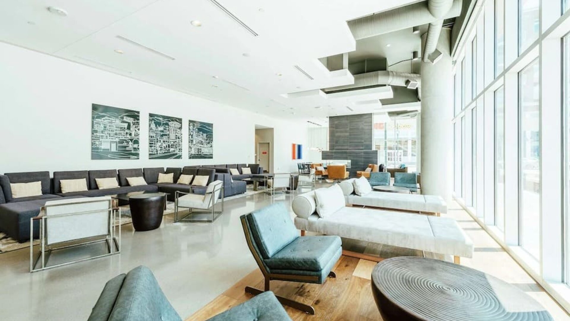 Lobby and coworking lounge at Hilton Garden Inn Denver Union Station.