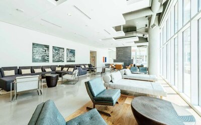 Lobby and coworking lounge at Hilton Garden Inn Denver Union Station.
