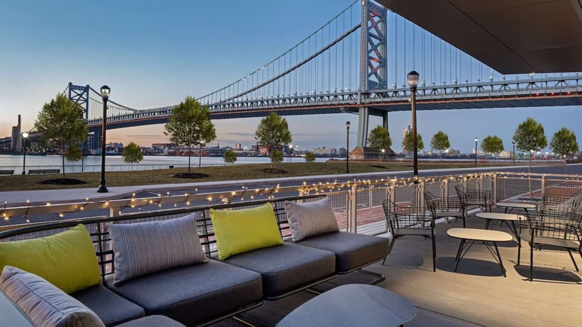 Outdoor furniture perfect for coworking at Hilton Garden Inn Camden Waterfront Philadelphia.